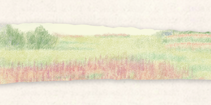 scrap of paper with pink and green landscape painting